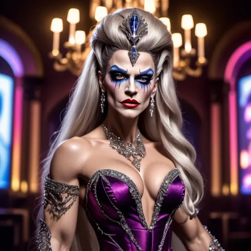 Prompt: Frankensteins's monster dressed up as a gorgeous ultra-muscular 25-year-old Czechian drag queen with very long hair and beautiful ballroom gown, 8 inch stiletto high heel shoes.