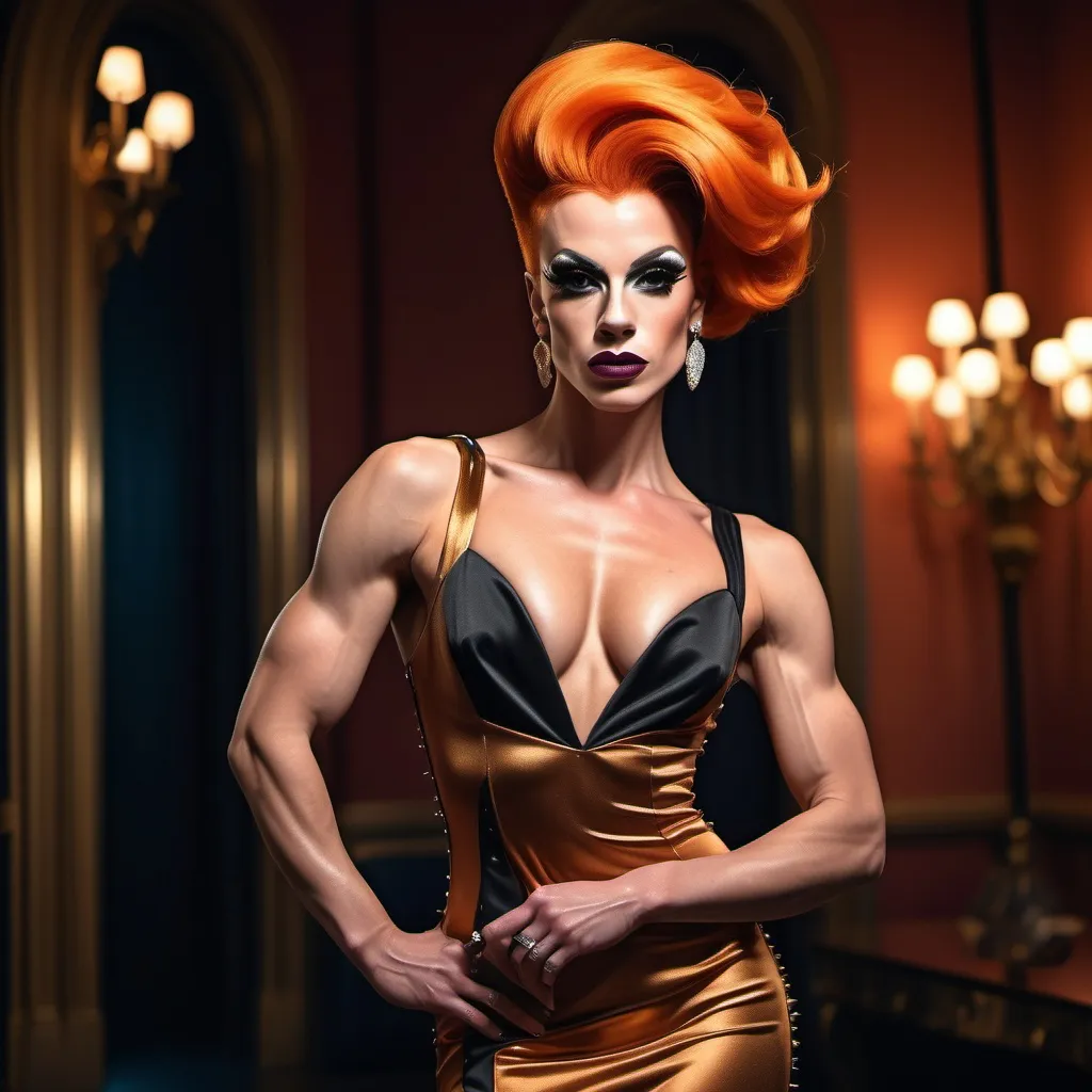 Prompt: A gorgeous ultra-muscular 25-year-old French drag queen bodybuilder with short spiky swept over dark orange hair (in a stunning long shaped Moschino dress), capturing an elegant poise, set against a glamorous backdrop, rich colors blended into a high contrast scene, soft ambient lighting highlighting the dress details, stylish accessories enhancing the royal aesthetic, flowing fabric, luxurious textures, surrounded by a warm and inviting atmosphere, high definition, ultra-detailed, fashion photography.