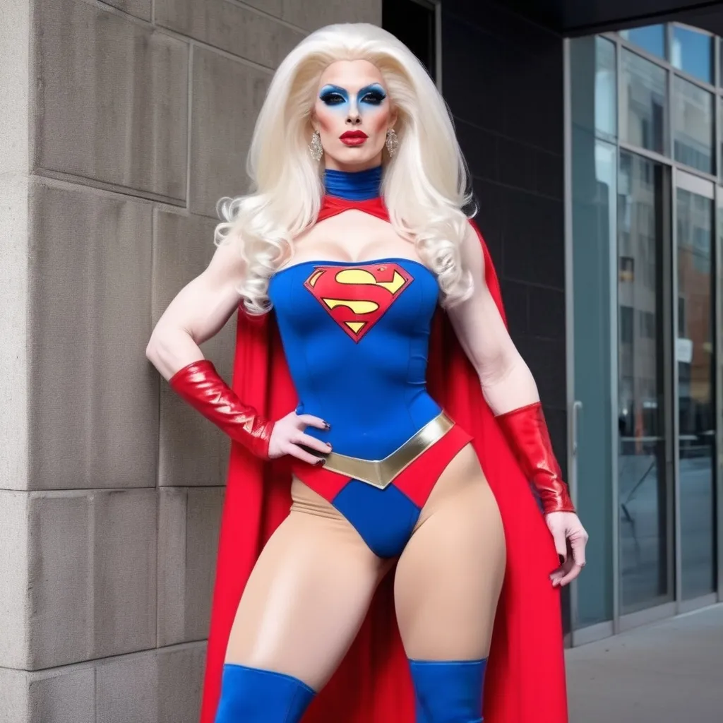 Prompt: Gorgeous Drag queen bodybuilder supergirl platinum blonde very long hair 8 inch stiletto high heel thigh-high boots 