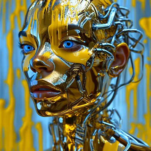 Prompt: a gorgeous masculine 25-year-old drag queen's face is futuristically transformed into a chrome-plated structure covered in wires. The left blue eye is shown in photo-realistic detail. the right eye futuristic. It is surrounded by silver and gold detailed small shapes against an abstract background that depicts dark yellow tones as dripping paint 