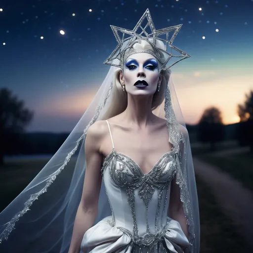 Prompt: (beautiful white Swedish drag queen) walking gracefully under a starlit sky, (melancholic mood), deep indigo and shimmering silver tones, soft ethereal glow, a delicate veil of night softly surrounding her, gentle whispers of a cool breeze, capturing a moment of quiet elegance, (highly detailed), enchanting landscape in the background, timeless and romantic atmosphere.