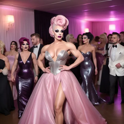 Prompt: Classy muscular 25-year-old British drag queen wearing long elegant ball gown, 8 inch stiletto high heel shoes, with dark eyeshadow and dark lipstick, and long platinum pink updo hair walking across the dance floor...