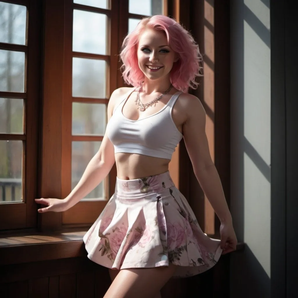 Prompt: 64k , high resolution ,dark colors ,digital photography, glamour photography , art photography , professional , dark room , window with opened shutters ,sunlight shines the woman through the window  , a gorgeous ultra-muscular buxom 25-year-old Finnish goddess with dancing  with smile on her face  , pink hair ,pale skin, white sleeveless crop top shirt , detailed white floral short circle skirt ,necklace , legs , 8 inch stiletto high heel shoes, close up ,drama , light and shadow photography , low angle shot 