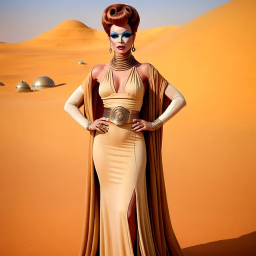 Prompt: The most beautiful drag queen on Tatooine wearing the traditional Tatooine dress.