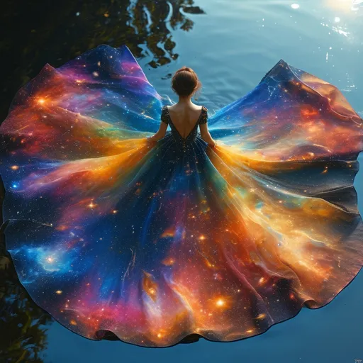 Prompt: Visualize a woman in a magnificent dress that resembles a cosmic galaxy. The dress is designed with a gradient of deep space colors, from the intense blues and purples of nebulae to the stark black of the void, sprinkled with stars and celestial bodies. It flows elegantly, defying gravity, as if she's floating through the cosmos. Her posture is majestic and serene, with her arms gently raised as if she's orchestrating the very movement of the stars. The backdrop is the infinite darkness of space, and below her, the reflective surface suggests she is hovering above a mirror-like lake that reflects the universe contained in her gown.