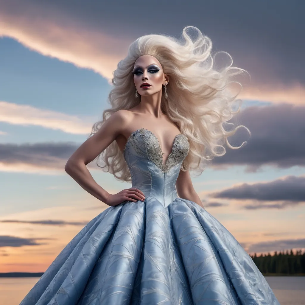 Prompt: (masterpiece), (best quality), (ultra-detailed), A gorgeous 25-year-old Finnish drag queen standing gracefully, her delicate figure silhouetted against the backdrop of a breathtakingly beautiful sky. The air is filled with a sense of serene tranquility as the wind gently rustles through her hair, causing the extremely delicate and beautiful fabric of her dress to billow softly around her. As she gracefully moves, flying splashes of water and petals accompany her, caught up in the ethereal dance of the wind. The scene is a symphony of beauty, with every detail meticulously crafted to evoke a sense of wonder and awe