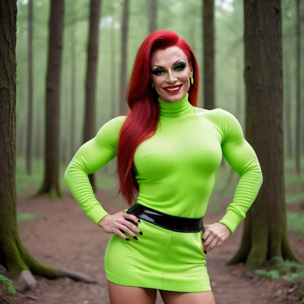 Prompt: Close shot, beautiful smiling tall ultra-muscular Russian drag queen bodybuilder, 35 years old, red medium length hair, neon green long sweater, high heels,  platform thigh high patent leather black boots, dark eye shadow, dark red lipstick, standing in a forest. Composition focus on legs.