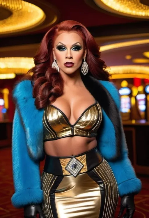 Prompt: Gorgeous ultra-muscular 21-year-old Finnish drag queen bodybuilder with huge busom and long dark red hair, intricate diamond-shape face, blue eyes, silver jewelry, gold bolero jacket with black and fur trim, black leather bustier & pencil skirt with gold trim, long shapely legs, 8 inch stiletto high heel shoes, Art Deco casino, 8k photo, stylish, elegant, detailed facial features, art deco, luxurious setting, professional lighting, high quality, detailed clothing, glamorous atmosphere, bosomy physique