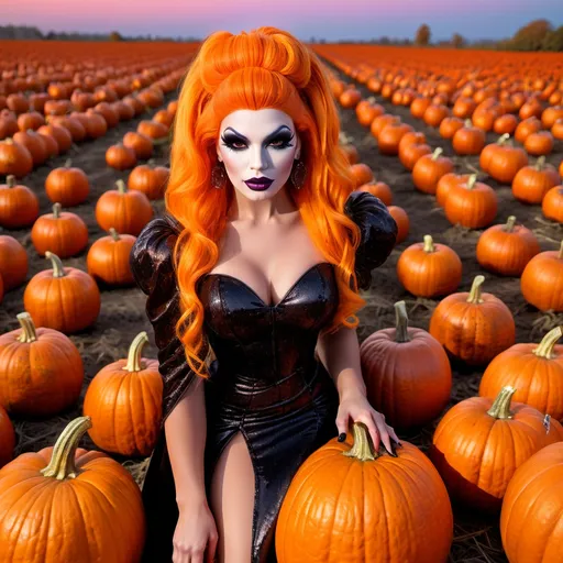 Prompt: If a Jack-o-lantern was a gorgeous 25-year-old drag queen with dark eye makeup,  dark lipstick,  8 inch stiletto high heel shoes.  Pumpkin field.