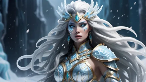 Prompt: Ice warrior goddess with ice skin and long flowing frozen hair, armor with gilded patterns and ice, superpower is ice, embodiment of the Yeti, dynamic pose