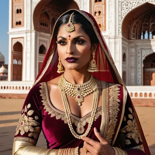 Prompt: In 1670's a gorgeous, very muscular 35-year-old Indian drag queen (with strong masculine facial features, dark lipstick, large busom) standing majestically in front of the Taj Mahal, wearing an opulent and elaborate traditional Indian royal dress adorned with intricate gold embroidery and sparkling jewels. She exudes grace and power, with a serene yet commanding expression that captures the admiration of the gathered crowd. The scene is composed with expert artistry, featuring dramatic lighting that highlights the rich textures of her attire and the architectural beauty of the Taj Mahal. The composition should feel like a professional artistic photograph, with meticulous attention to details in posture, facial expression, and the interplay of light and shadow, creating an atmosphere of regal elegance and reverence.