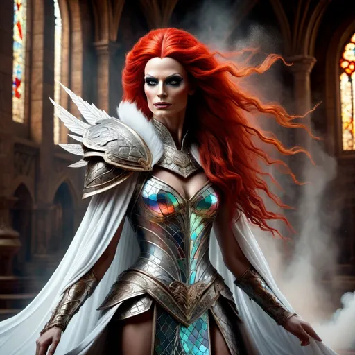 Prompt: In the creative style and detail of Leonardo Da Vinci create a highly detailed, ultra high definition photo-realistic image of a gorgeously stunning beautiful otherworldly muscular fictional fantasy white drag queen, casting magic nuclear blasts, with ridiculously long flowing red hair, ample cleavage, body surrounded by magical swirling mist. 

Wearing full dragon scale armor (random pose) pulling magic from a foes heart in a marbled mosaic temple hall of a Majestic castle, maintaining a magic casters alluring pose. Full body, centered, fantasy setting, character concept, cinematic, colorful background, concept art, dramatic lighting, highly detailed, hyper realistic, intricate sharp details, octane render, smooth, ultra studio lighting, perfect shading and shadows, trending on art station, 64k, HDR, unreal engine, emotive, cgi, animated, character art, iridescent, metallic.