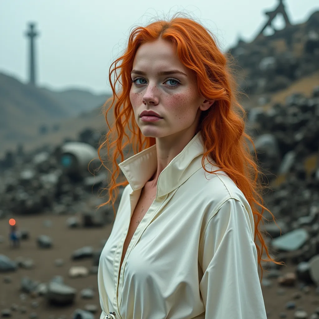 Prompt: Wasteland scenario similar to Fury Road.
A (beautiful, perfectly muscular and cute 25-year-old Czechian drag queen bodybuilder) with a muscular yet soft physique and fair skin with freckles (highly detailed face, soft features, large expressive eyes)
Her dirty burnt orange hair ( long curls, unkempt)
Simple, flowing white robe (thin, slightly transparent fabric, minimalist and functional)
Innocent, lost expression, her clean, almost ethereal appearance contrasts with the harsh, apocalyptic landscape.
Gloomy and industrial-looking surroundings, her decision is in visual contrast to the dark, muted tones of the world.