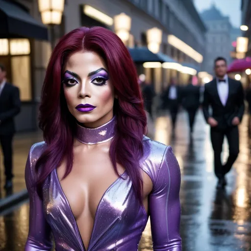 Prompt: Michael Jackson dress as A hyper realistic flawless 25-year-old gorgeous Austrian drag queen bodybuilder with straight violet shiny hair walking the streets as a classy debutante on a dark and rainy night. Heavy eye makeup. Dark red lipstick.