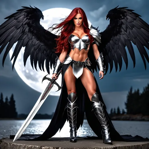 Prompt: Demonic Angel, gorgeous ultra-muscular 25-year-old Serbian bodybuiler with ridiculously Long dark red Hair, long muscular legs, Demonic Eyes, Angel WIngs, Full Body, Armor, 8 inch stiletto high heel armour boots, Legendary Sword, Holy, Blood, Raven and Moon in Background