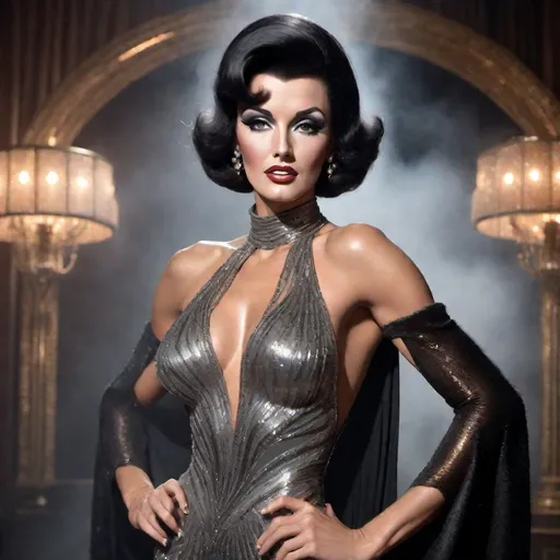 Prompt: image of Rock Hudson dressed as a (muscular body) gorgeous 25-year-old Czechian drag queen wearing a flamboyant, yet conservative black silver and bronze Bob Mackie designer Gown, posing in a smokey Cabaret. hyper-realistic quality, ultra-detailed 4K imagery.