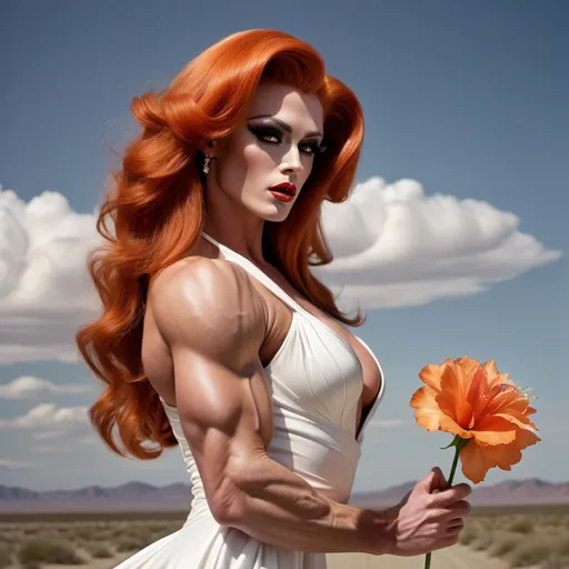 Prompt: Detailed, bodybuilder, realistic photograph of James Dean dressed as a gorgeous ultra-muscular 25-year-old drag queen with long flowing dark orange hair, focused gaze, holding a delicate flower in her hand, wearing an elegant white long dress with the hem blowing in the wind revealing her long muscular legs, wearing 8 inch stiletto high heel shoes, a wedding ring on her left ring finger, high-quality, realistic, gentle and serene atmosphere, soft lighting, romantic, bridal, long dark orange flowing hair, elegant dress, delicate flower, serene expression, detailed eyes, wedding ring, gentle breeze, realistic, highres, detailed, gentle lighting, hyper-realistic