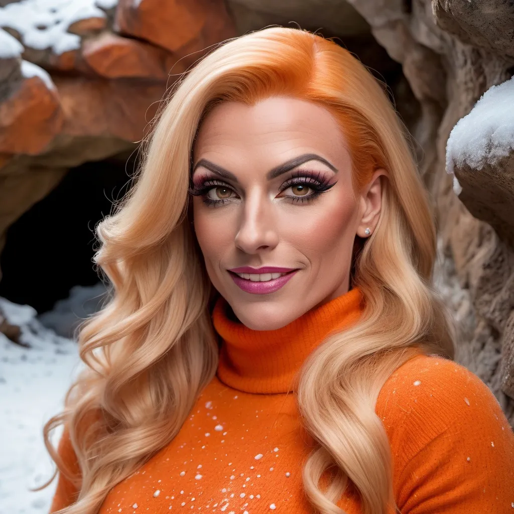 Prompt: professional portrait photograph of a gorgeous muscular 35-year-old British drag queen (strong masculine jawline and brow features) in orange winter clothing, long natural blonde hair, most attractive face, (freckles), nice smile, cute stylish makeup, wearing elegant warm winter fashion clothing, ((standing out side a frozen cave), hyper- realistic, detailed features, realistic lighting, high quality, realistic view,, elegant, realistic setting, professional, detailed, glamorous, actress, iconic, stunning modern urban environment, ultra realistic, concept art, elegant, highly detailed, intricate, sharp focus, depth of field, f/1. 8, 85mm, medium shot, mid shot, (((professionally color graded))), bright soft diffused light, (volumetric fog), trending on instagram, hdr 4k, 8k