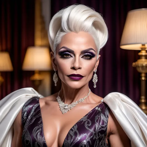 Prompt:  Gorgeous muscular 45-year-old Portuguese drag queen with white updo hair, dark eyeshadow,  dark lipstick, wearing a (elegant dress), (stylish fabric), flowing design, intricate details, luxurious texture, vibrant colors, warm ambiance, (graceful draping), exquisite embellishments, soft lighting, enchanting atmosphere, rich patterns, HD, ultra-detailed, stunning visual composition, ideal for fashion showcase, inviting elegance