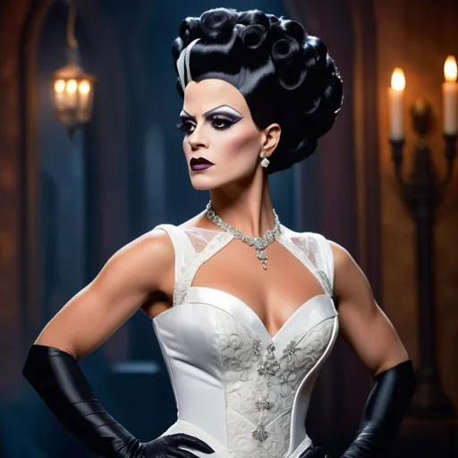 Prompt: Bride of Frankenstein is a gorgeous ultra-muscular 25-year-old Swedish drag queen bodybuilder dressing conservatively yet alluringly. Very classy.