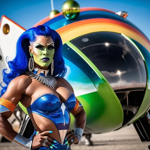 Prompt: Gorgeous celestial drag queen bodybuilder (with a very strong masculine brow and jawline)being from another planet with intentions to lure men into her alien ship to breed. Wearing a beautiful brightly colored  armored gown and 8 inch stiletto high heel shoes. The alien beings are extremely muscular and have huge busom. Standing in front of her space vehicle as three suns set in the background.