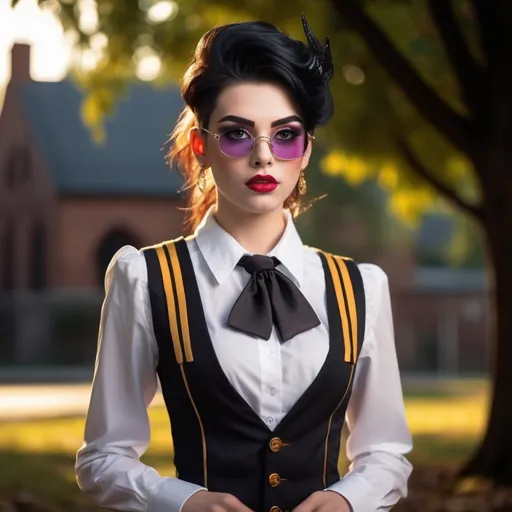 Prompt: Create a highly detailed AI defined image of a highly attractive "girl next door look" young adult drag queen (with very masculine jawline and brow facial features) college student in a fantasy uniform, large busom, wearing sunglasses, inspiring lustful uniform, classic dark makeup, at a unique fantasy school, 

wide landscape lense, ISO 500, Aperture f/22, APS-C, Splash art, dark fantasy art, stunning bokeh, cinematic lighting and scale, super detailed, 64k, high quality perfect lighting, perfect shadows.