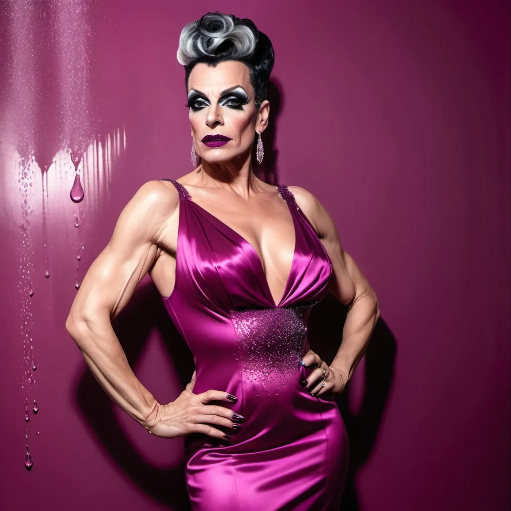 Prompt: The image is a full body portrait of a gorgeous muscular 45-year-old French drag queen with dark graying updo hair, dark eyeshadow,  and dark lipstick (with strong masculine jawline and brow) posing in a magenta satin dress. She is standing in front of a white wall with water droplets cascading down it. The dress is made of a shiny, satin-like material and has a high neckline with a lace overlay. The drag queen is wearing large, dangling earrings. She has a gold clutch in her hand and is looking directly at the camera with a serious expression. The overall mood of the image is elegant and sophisticated.