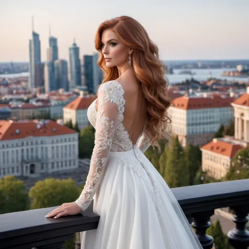 Prompt: Gorgeous ultra-muscular 25-year-old Finnish goddess bodybuilder with huge busom and ridiculously long wavy auburn hair wearing an elegant white wedding dress, standing on the balcony of her luxurious mansion overlooking the city skyline. She has soft makeup and hair styled into loose waves with bangs. The gown features delicate lace detailing along its bodice and halter neckline, complemented by sheer sleeves that accentuate her figure's curves. Her pose is confident yet graceful as she gazes out at the horizon, embodying grace and elegance in timeless beauty in the style of a classic painting