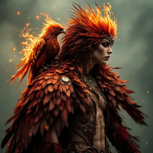 Prompt:  a flaming phoenix is perched on a 35-year-old drag queen goddess' shoulder. She has clothes made of feathers and looks like a phoenix as a 25-year-old drag queen goddess. Full length. Muscular.
