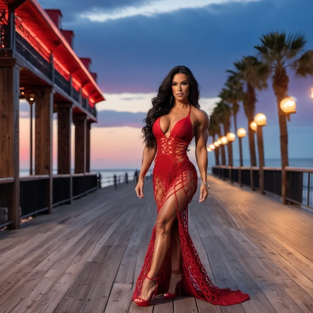 Prompt: Gorgeous ultra-muscular 25-year-old Finnish goddess bodybuilder with huge busom and ridiculously long wavy black hair wearing a beautiful red macrame dress and 8 inch stiletto high heel shoes walking on the boardwalk at dusk.