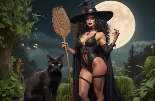 Prompt: (Gorgeous ultra-muscular 35-year-old Italian drag queen bodybuilder Witch), enchanting witch, full body, with a black cat companion by her side, holding an ornate broom, surrounded by lush greenery and assorted herbs, harmoniously in tune with nature, a luminous crescent moon hanging in the background, warm earthy tones, magical and serene ambiance, ultra-detailed, high quality, ethereal glow.