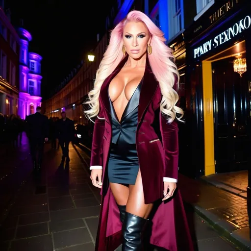 Prompt: Gorgeous ultra-muscular 25-year-old Swedish goddess bodybuilder with huge busom and ridiculously long styled platinum pink hair, wearing a maroon tailcoat with gold trim, black miniskirt, 8 inch stiletto high heel Prada boots, standing outside London, England nightclub at night, 8k photo, high detail, elegant, glamorous, nightlife, sophisticated, detailed makeup, wavy hair, luxurious attire, atmospheric lighting