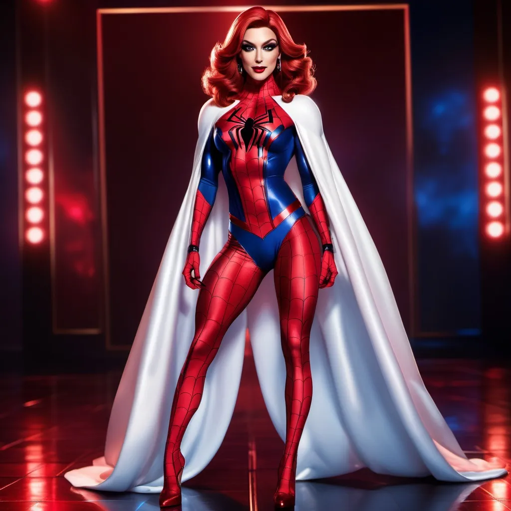 Prompt: If spiderman was a gorgeous muscular drag queen (full length photo) with long muscular legs and a very muscular physique. Performing in a beautiful gown. Dark eye shadow, heavy mascara, and dark red lip stick.