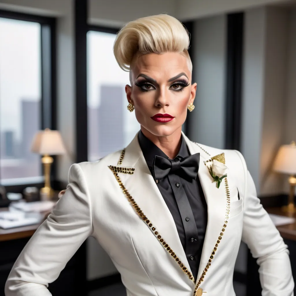 Prompt: A gorgeous muscular 35-year-old Welsh-American drag queen with combed hair and round masculine jawline; wearing a a notch lapel black tuxedo jacket, white wingtip collar tuxedo shirt, white pocket square, gold studs and cufflinks, black bow tie, black tuxedo pants, shiny black stiletto high heel shoes; in an office setting