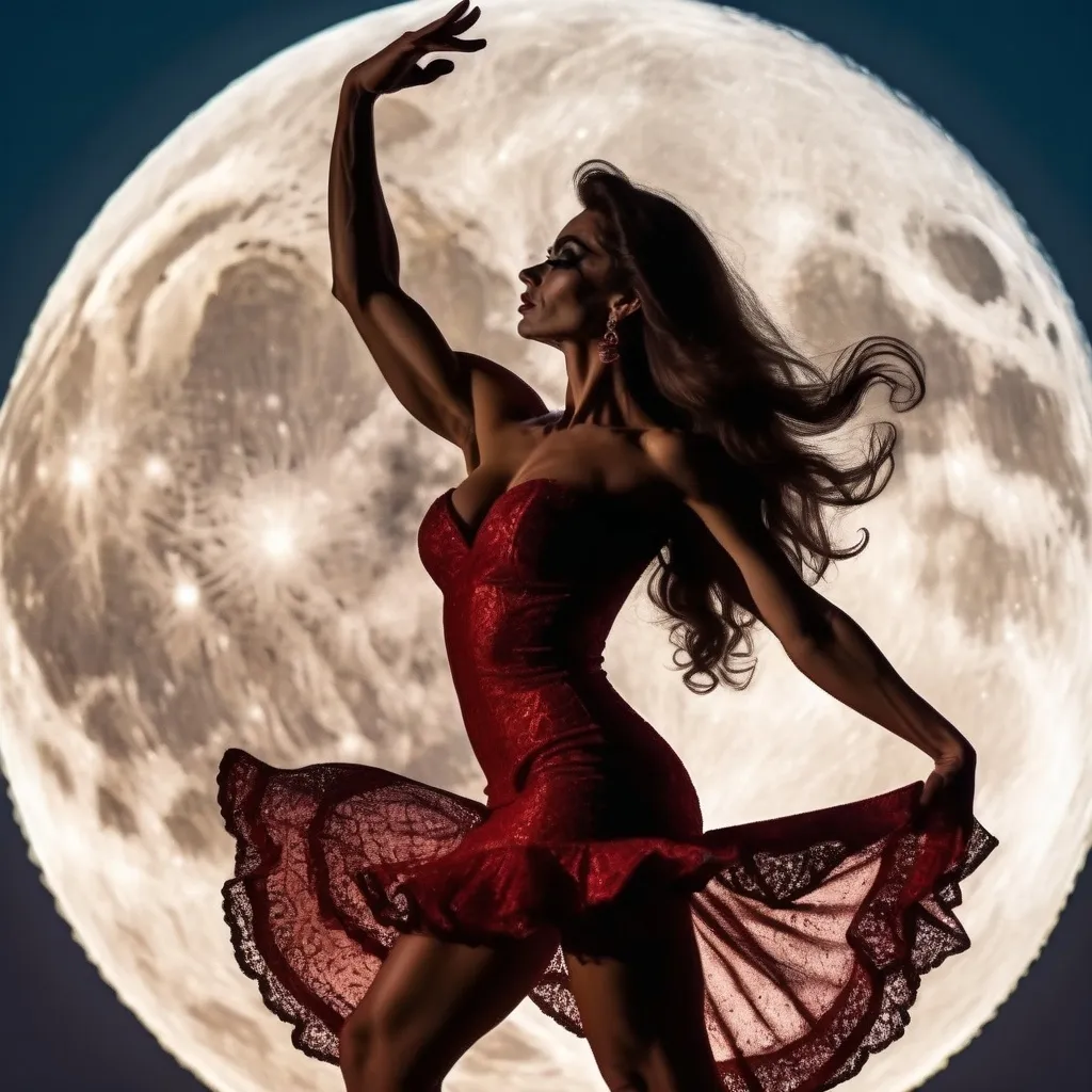 Prompt: Gorgeous muscular 25-year-old Portuguese drag queen bodybuilder (with long wavy hair, short flamenco dress and 8 inch stiletto high heel shoes) dancing flamenco in silhouette through a giant full moon.