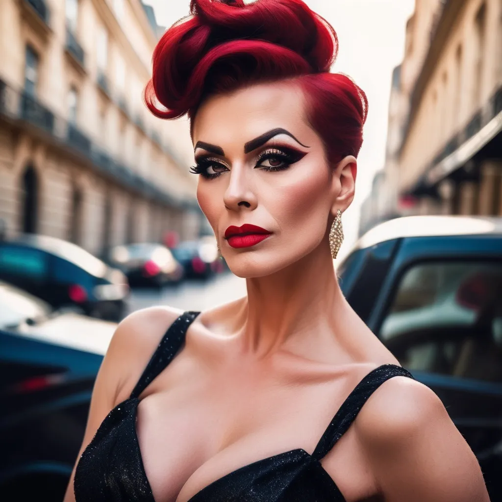 Prompt: Glamour photography of gorgeous 35-year-old czechian drag queen (strong, masculine jawline and brow features) with huge busom and short red updo hair wearing LBD and 8 inch stiletto high heel shoes, Glamour makeup in paris in the style of Guy Aroch