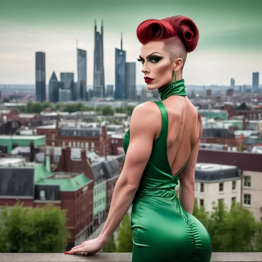 Prompt: Gorgeous muscular 25-year-old Belgian drag queen (strong masculine jawline and brow) with very long dark red tight updo hair in a green outfit and 8 inch stiletto high heel shoes, with a cityscape background, Erlund Hudson, transgressive art, promotional image, a character portrait