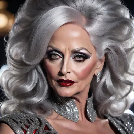 Prompt: image of Michael Douglas dressed as a gorgeous 45-year-old (((full figured))) Czechian drag queen with very long professionally styled silver hair, wearing a flamboyant, yet conservative black crimson and silver Bob Mackie designer Gown, heavy eye makeup,  dark red lipstick, posing in a smokey Cabaret. hyper-realistic quality, ultra-detailed 4K imagery.