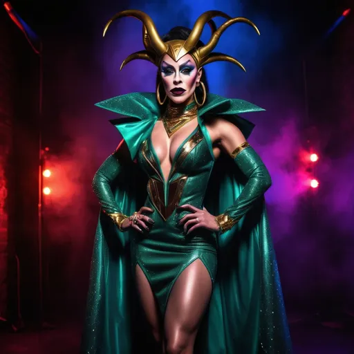 Prompt: If Loki was a gorgeous hyper-muscular 25-year-old drag queen with Dark eye makeup and dark lipstick. Wearing 8 inch stiletto high heel shoes.