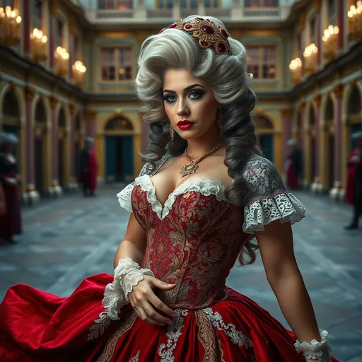 Prompt: Gorgeous ultra-muscular 25-year-old Czechian drag queen bodybuilder (French Revolution 1789), (historic attire), elegant gown with intricate lace, 8 inch stiletto high heel colonial shoes, powdered wig, dark eyeshadow, heavy mascara, and dark red lipstick, (dramatic atmosphere), (rich colors), vivid reds, deep blues, and gold accents, (historical setting), a grand palace courtyard, opulent architecture, (cinematic lighting), moody and intense, (4K), ultra-detailed visuals.