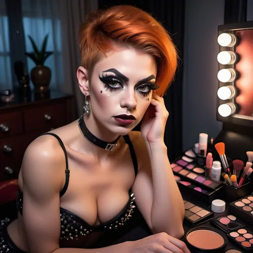 Prompt: Hyper detailed Photorealistic Upper body focus, Nighttime bedroom scene, A makeup desk (scattered with makeup and accessories), seated a (gorgeous ultra-muscular 25-year-old Czechian drag queen) glances at viewer sidelong, Embarrassed and shy slight smiling gaze and short spiky dark orange hair, highly detailed face, dark eyeshadow,  heavy mascara,  dark red lipstick, gazing with sidelong glance toward the viewer, Dynamic pose. wearing soft cotton pajamas.  Expression of shy interest and innocent allure.  Realistic high detail skin and hair