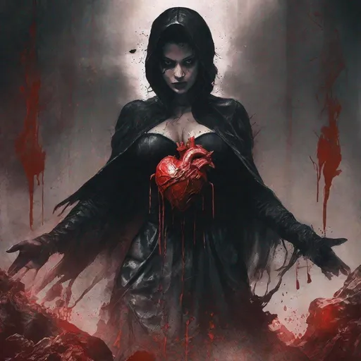 Prompt: From the depths of hell rises a female figure in black with a bloody human heart in her hand. 