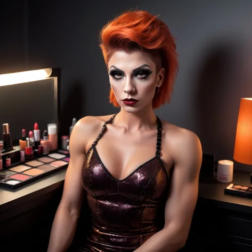 Prompt: Hyper detailed Photorealistic Upper body focus, Nighttime bedroom scene, A makeup desk (scattered with makeup and accessories), seated a (gorgeous ultra-muscular 25-year-old Czechian drag queen) glances at viewer sidelong, Embarrassed and shy slight smiling gaze and short spiky dark orange hair, highly detailed face, dark eyeshadow,  heavy mascara,  dark red lipstick, gazing with sidelong glance toward the viewer, Dynamic pose. wearing soft cotton tshirt.  Expression of shy interest and innocent allure.  Realistic high detail skin and hair