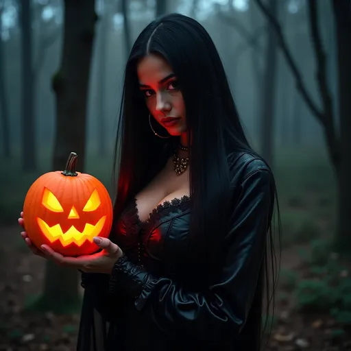 Prompt: Gorgeous ultra-muscular 25-year-old Dutch drag queen bodybuilder witch with straight shiny very long black hair holding jack-o-lantern in a spooky forest at night.