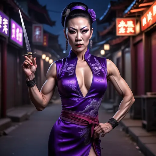 Prompt: A mature, gorgeous muscular Chinese drag queen assassin wearing a dark purple, form-fitting, low-cut qipao holds a mini dagger in her hand. On a dimly lit street late at night, her piercing eyes shine brightly as if searching for her prey. She put on a martial arts pose(ultra detailed). fine detailed drawing, professional photo, HDR, UltraHD, a lot of details, pixel study, 3D, detail, photorealism, majestic, stunning, elegant, brillant, sumptuous, magnificent, effulgent, refulgent, fantasy, epic, long hair, mystic, full body view, classical and warm lighting style and cinematic art 
