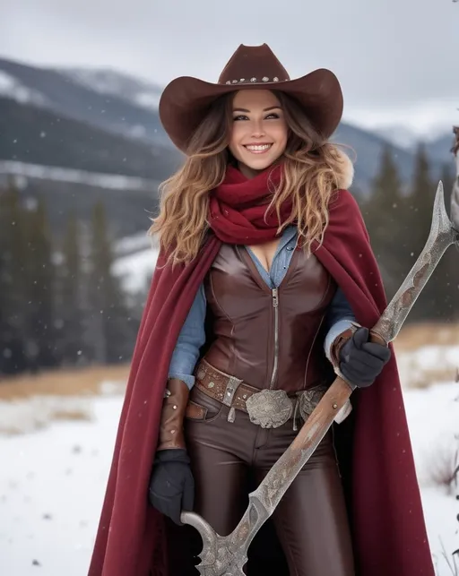 Prompt: A hi-res 8k hd digital photograph of a proud gorgeous rugged cowgirl with huge busom in winter snowy mountains. She is wearing a dark red cloak lined with fur and a scarf over metal armor. She has ridiculously long wavy autum hair and a brown cowboy hat. She is holding a halberd. It is snowing and windy. She is smiling. Cowboy hat.