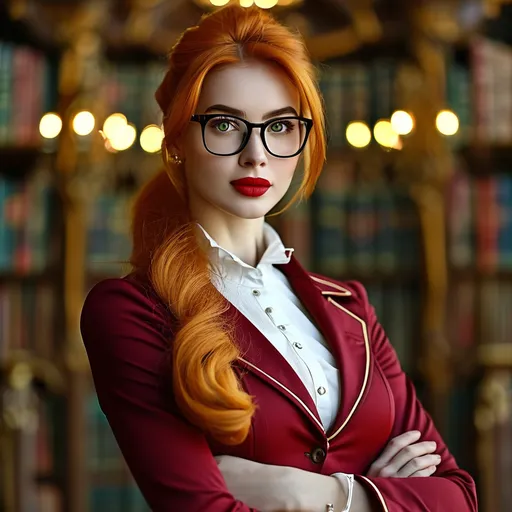 Prompt: Beautiful (muscular physique) (curvaceous & leggy), prim librarian woman, long dark orange hair in an (updo ponytail), sparkling (green eyes), black rectangular frame glasses), classically beautiful (softly dimpled  face), arched eyebrows, (upturned petite nose), smokeyeyeshadow,  dark red lipstick, subtle smile, (crimson blazer), (white blouse), white belt, (black pencil skirt), (8 inch stiletto high heel shoes), (detailed hands with a modest gold bracelet), standing in a huge library, dynamic pose, (earth tone background), soft bokeh effect to (emphasize foreground subject), (composition to showcase her long muscular frame), high-res, sharp focus, warm light, pro photo, capturing her charm and professional demeanor.