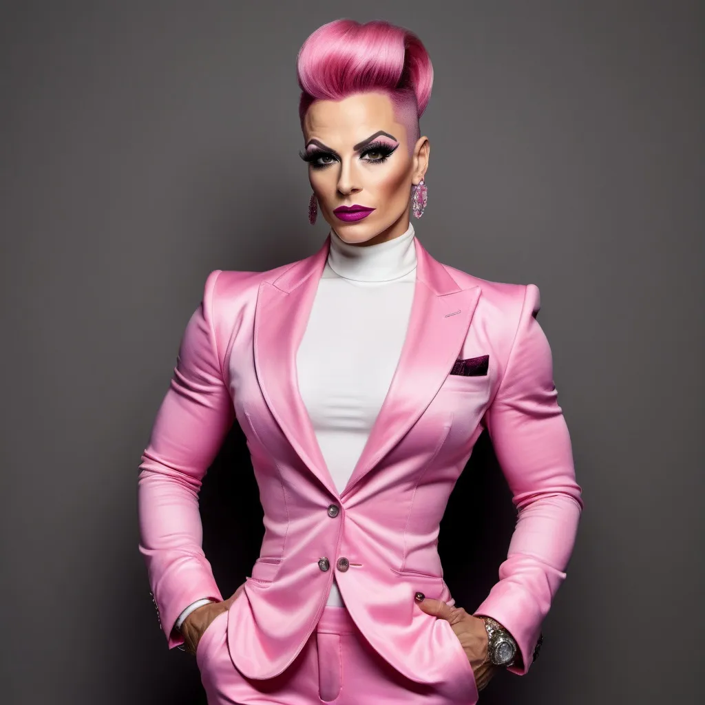 Prompt: Here's a prompt:

"Generate an image of a stylish and confident 35-year-old Hungarian drag queen bodybuilder wearing a stylish pink and white ensemble. Face has strong masculine jawline and brow. Dark eyeshadow  and dark lipstick. Large busom. Short updo hairstyle. 

Outfit:

- Trousers: White, slim-fit, and elegantly tailored
- Coat: Pastel pink, fitted, and knee-length with a subtle sheen
- Top: Soft white or light pink blouse with delicate details (optional)
- Shoes: White or metallic stiletto heels
- Accessories: Minimalist jewelry, such as a simple watch and elegant earrings

Pose:

- Stand with confidence, with one hand in the coat pocket
- Slightly angle the body, showcasing the outfit's silhouette
- Gaze directly at the camera with a subtle smile

Background:

- Soft, neutral-colored setting (e.g., light gray, beige, or white)
- Minimalistic environment to emphasize the outfit

Style:

- Modern, sophisticated, and effortlessly chic
- Emphasize the harmony of pink and white hues
- Capture the individual's poise and confidence

Generate a high-quality image showcasing the perfect blend of style, elegance, and modern flair."