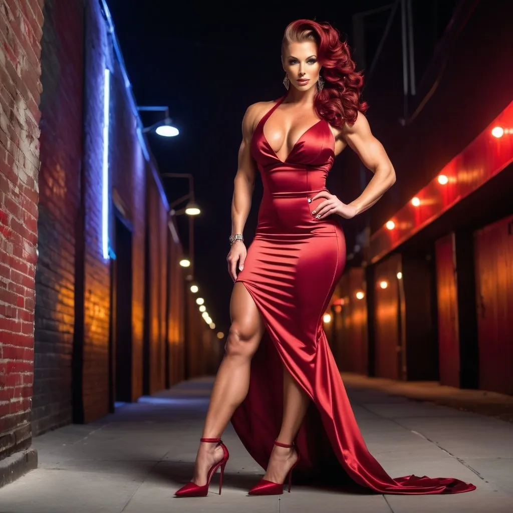 Prompt: Gorgeous ultra-muscular 25-year-old caucasian Norwegian goddess bodybuilder with huge busom and ridiculously long wavy dark red stylish updo hair,  wearing a stylish peekaboo dress, and 8 inch stiletto high heel shoes, posing at the alley of a nightclub at night.