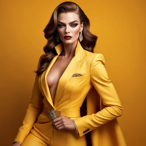 Prompt: A mesmerizing portrait graces the cover of an elite fashion magazine, capturing the essence of high-end sophistication. Set against a sunrise-yellow backdrop, the gorgeous, muscular, Polish, drag queen (masculine jawline and brow facial features), model exudes confidence and allure, adorned in exquisite fashion garments that epitomize elegance and class. This breathtaking image transcends traditional notions of style, embodying an innovative vision of haute couture that pushes the boundaries of modern aesthetics.